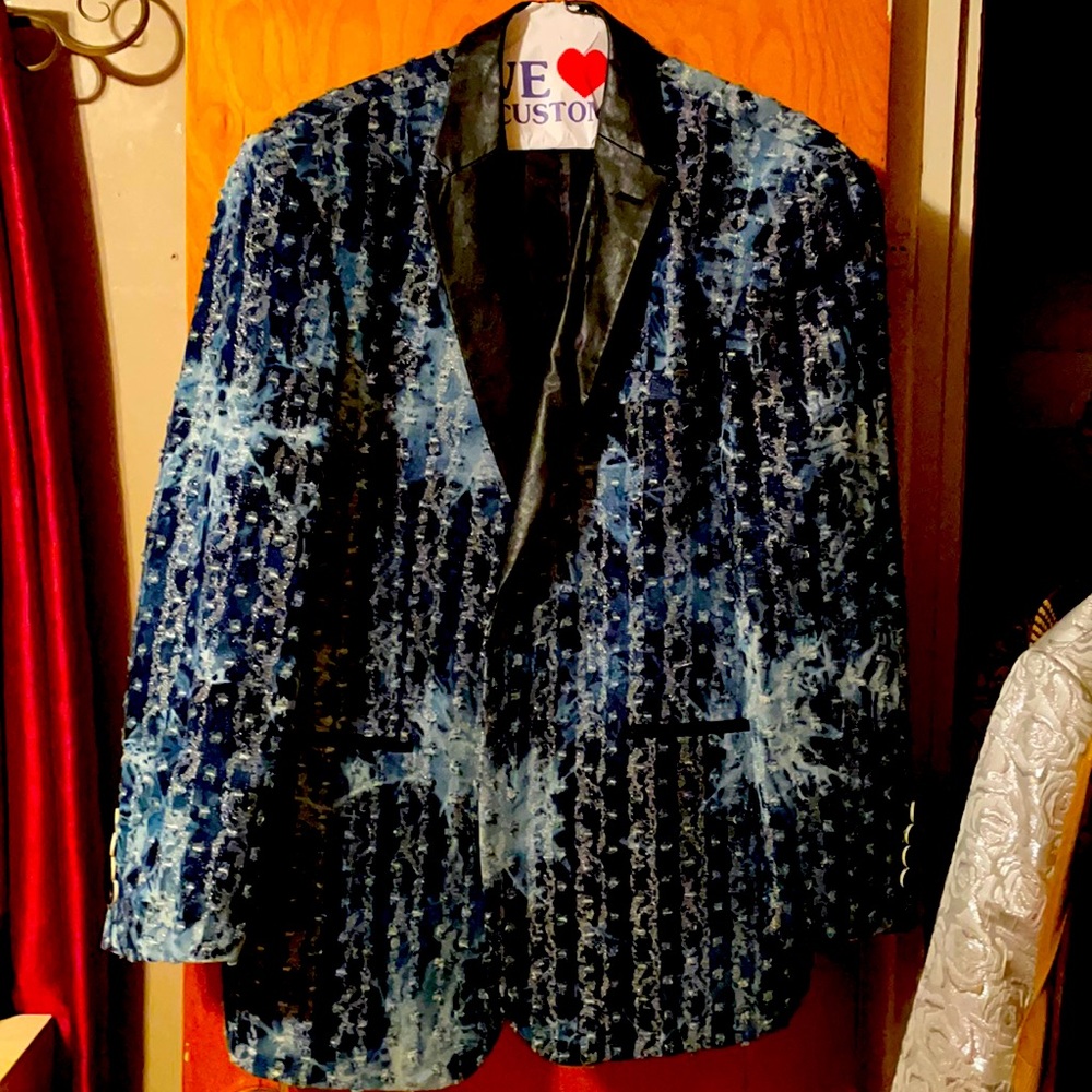 Denim and silver tuxedo jacket with black leather collar